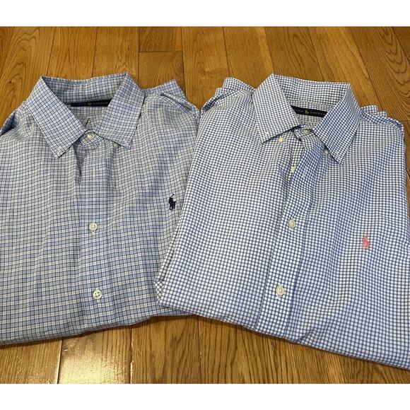Two Ralph Lauren Polo‎ Button Down Checkered Dress Shirt Size 16.5 42 Blue - Picture 1 of 11